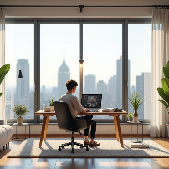 Espace de travail moderne dans un salon lumineux avec un professionnel au laptop
