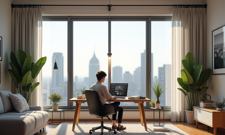Espace de travail moderne dans un salon lumineux avec un professionnel au laptop