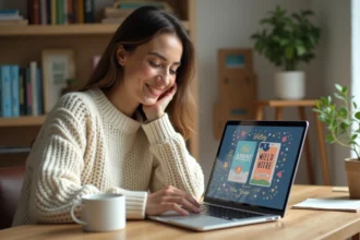 Femme créant une carte de bonne année 2026 gratuite en ligne sur son ordinateur portable depuis son bureau à domicile