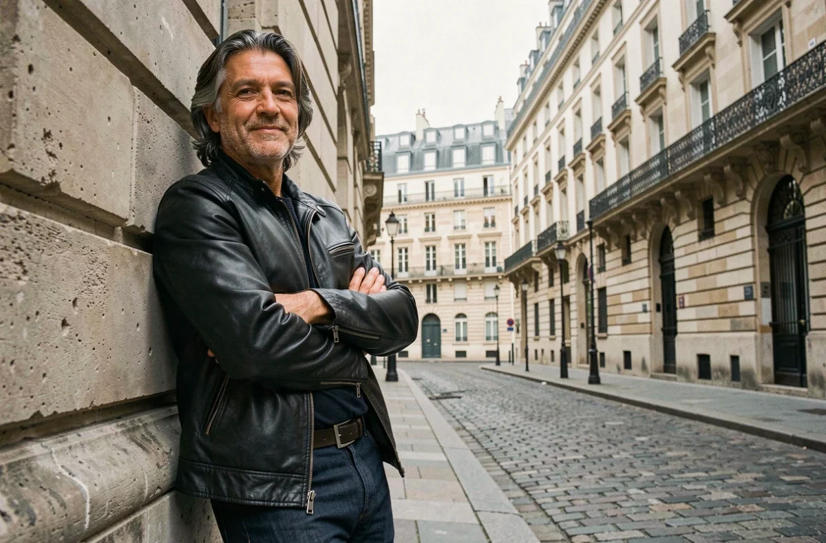 Chanteur expérimenté en veste en cuir dans une rue pavée parisienne, symbolisant l'histoire et le succès d'un grand artiste de la chanson française