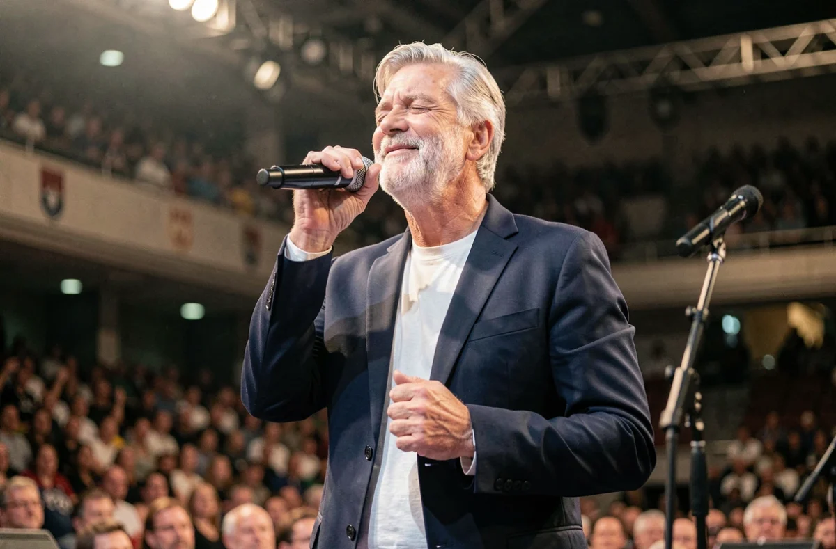 Chanteur français charismatique aux cheveux grisonnants sur scène lors d'un grand concert en arène, évoquant la carrière de Florent Pagny