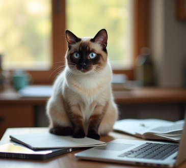 Chat siamois attentif sur un bureau en lumière naturelle