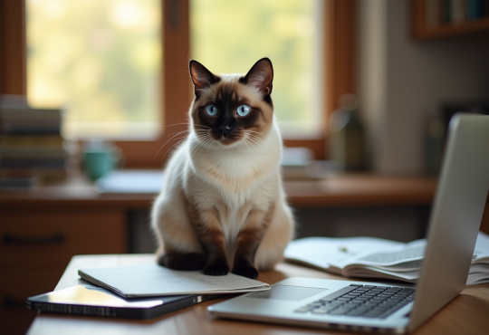 Chat siamois attentif sur un bureau en lumière naturelle
