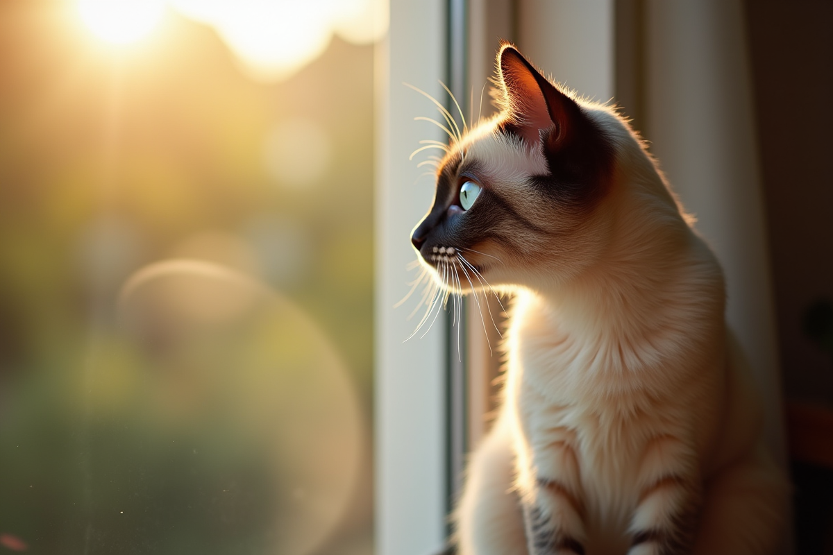 Chat siamois regardant par la fenetre dans la lumière du matin