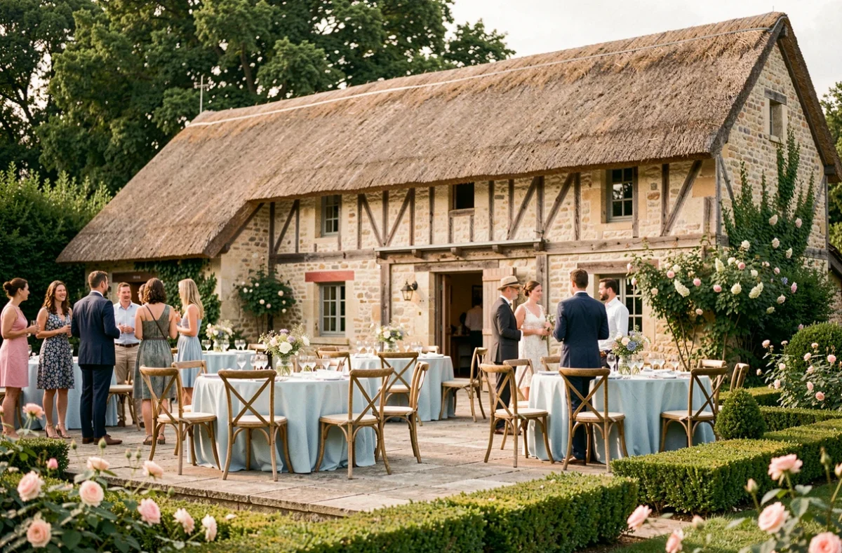 La Chaumière de Sucy à Sucy-en-Brie, une salle de réception rustique avec toit de chaume et terrasse en pierre décorée pour un mariage champêtre en été.