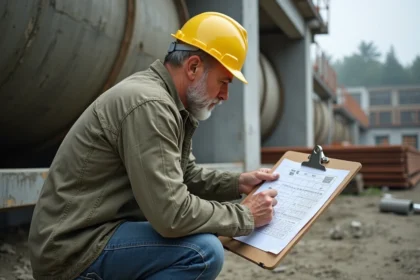 Chef de chantier consultant un tableau de conversion litres en m3 sur un chantier de construction en extérieur