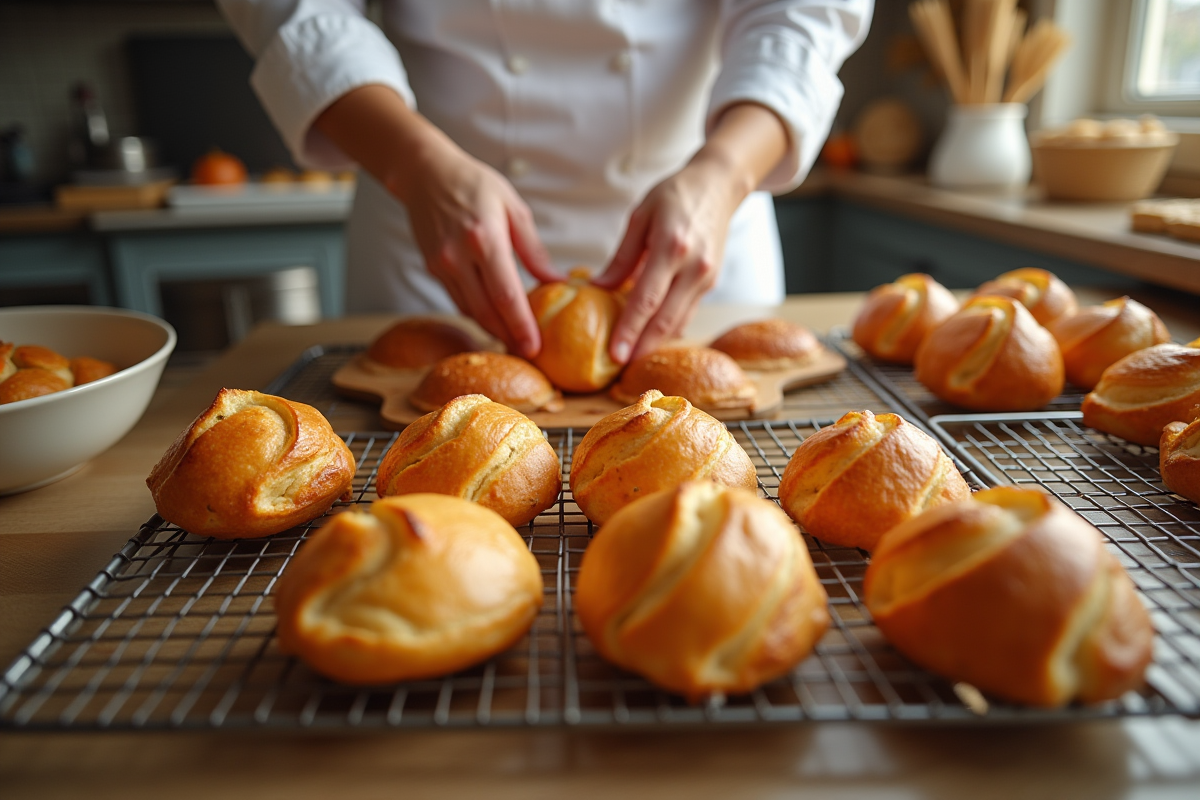 Chef disposant des pains aux raisins dorés dans la cuisine