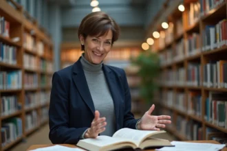 Chercheuse expliquant des concepts scientifiques à des non-spécialistes dans une bibliothèque universitaire moderne