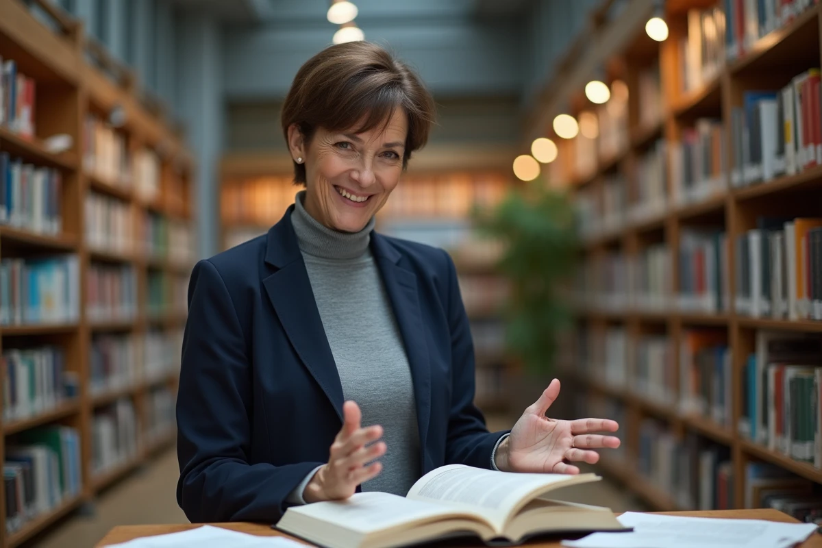 Chercheuse expliquant des concepts scientifiques à des non-spécialistes dans une bibliothèque universitaire moderne
