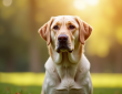 Labrador retriever assis dans un parc ensoleille