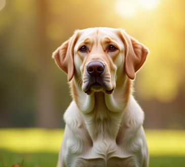 Labrador retriever assis dans un parc ensoleille
