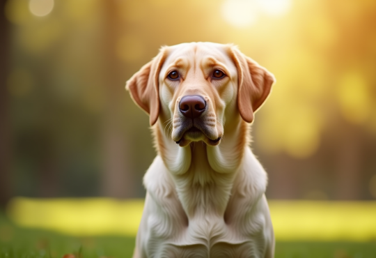 Labrador retriever assis dans un parc ensoleille