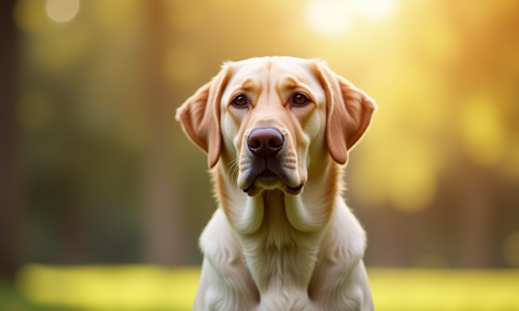 Labrador retriever assis dans un parc ensoleille