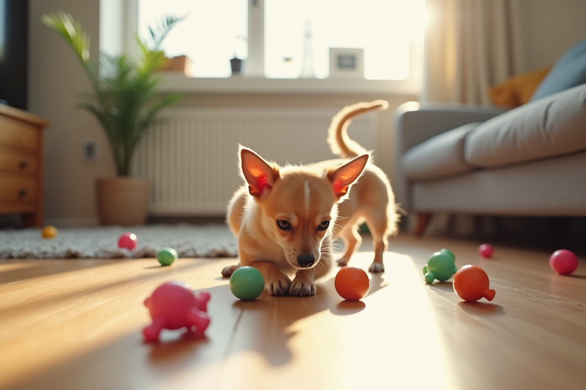 Chihuahua jouant calmement dans un salon lumineux