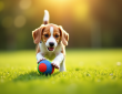 Chiot beagle jouant avec une balle colorée dans l'herbe