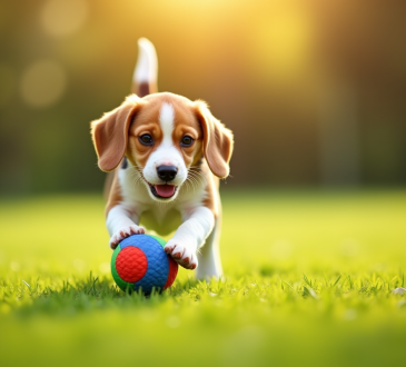 Chiot beagle jouant avec une balle colorée dans l'herbe