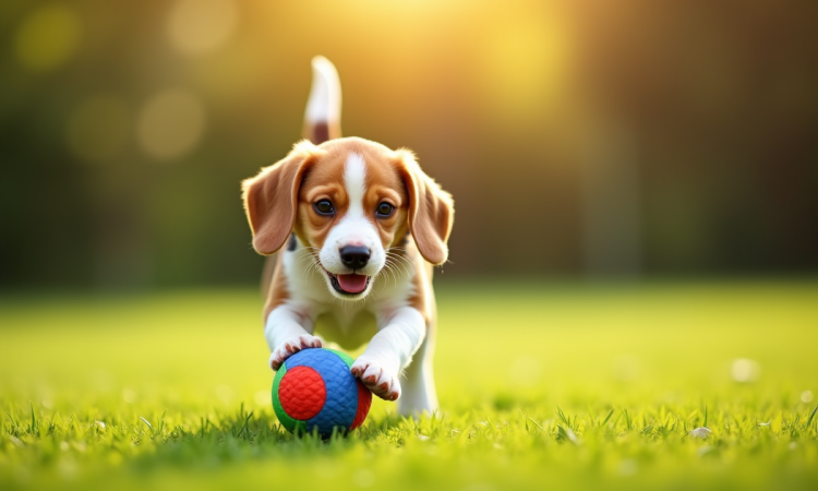 Chiot beagle jouant avec une balle colorée dans l'herbe