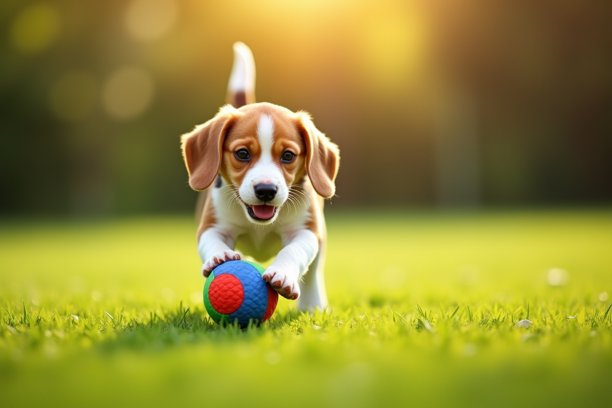 Chiot beagle jouant avec une balle colorée dans l'herbe