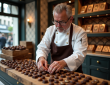 Chocolatier français arrangeant des chocolats artisanaux dans une boutique chic