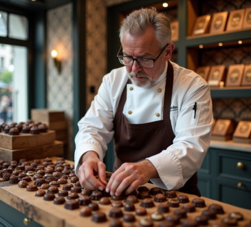 Chocolatier français arrangeant des chocolats artisanaux dans une boutique chic