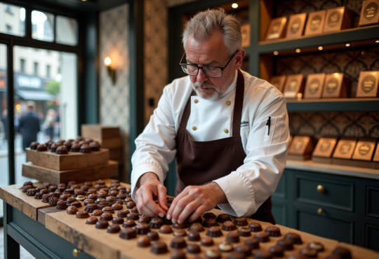 Chocolatier français arrangeant des chocolats artisanaux dans une boutique chic