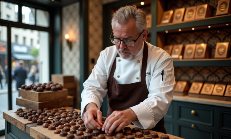 Chocolatier français arrangeant des chocolats artisanaux dans une boutique chic