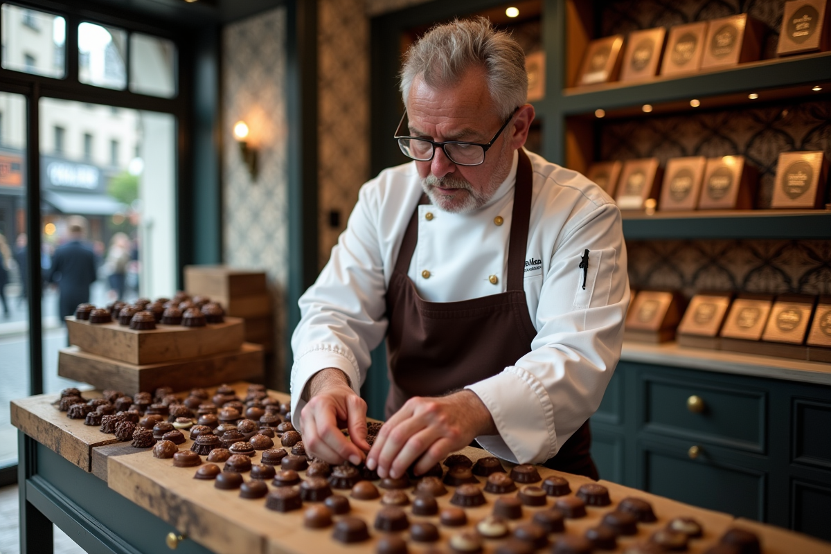 Chocolatier français arrangeant des chocolats artisanaux dans une boutique chic