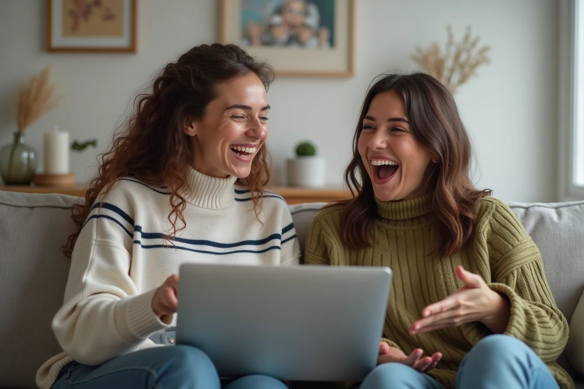 Deux femmes choisissant ensemble un modèle de carte bonne année 2026 gratuite à modifier en ligne sur canapé