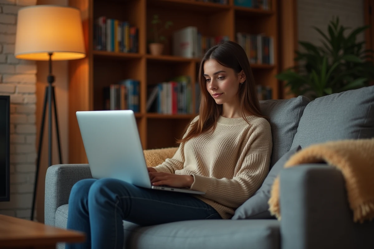 Jeune femme regardant un film gratuitement en ligne sur son ordinateur portable depuis son salon confortable en 2026