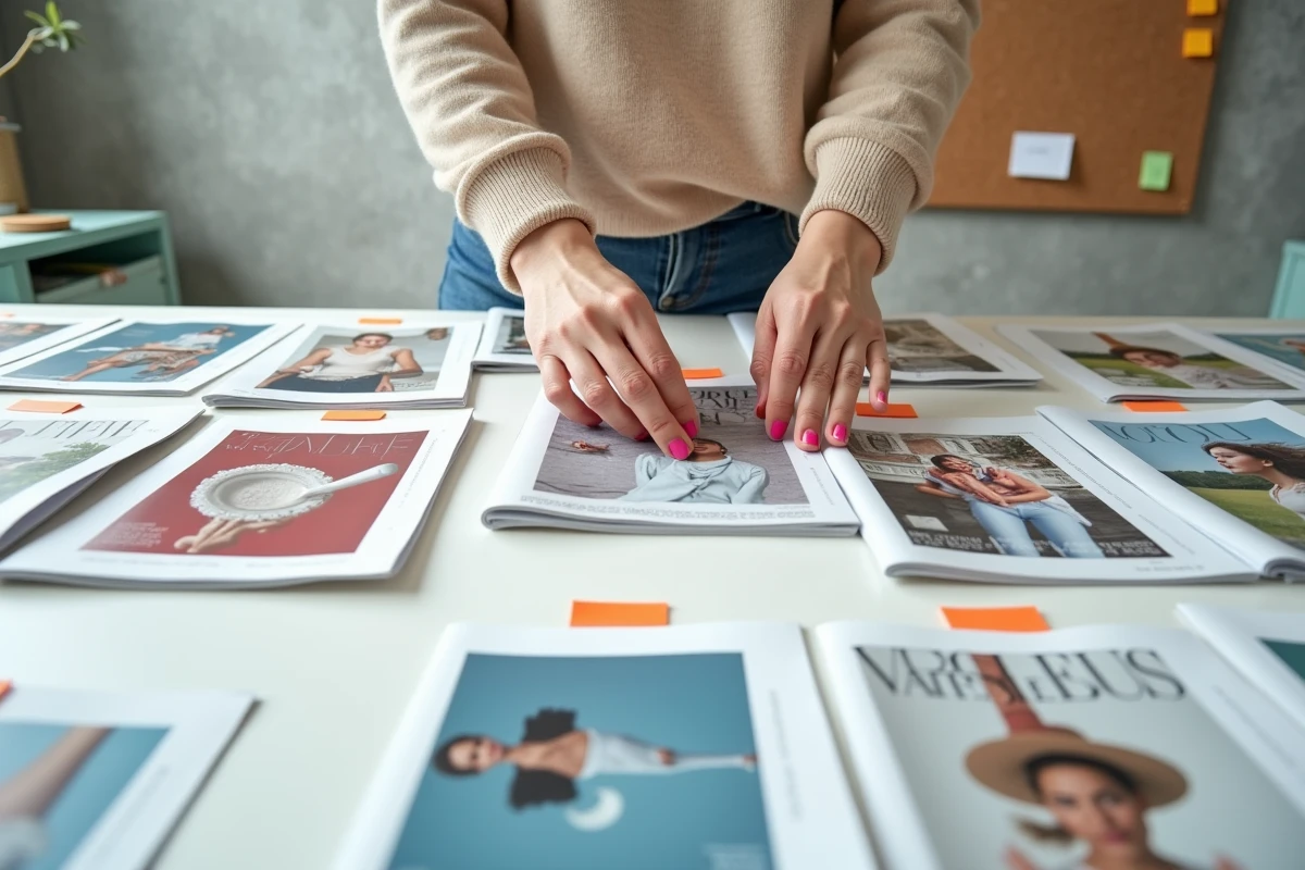 Vue aérienne de mains féminines classant plusieurs numéros de magazines Garan Cedore sur une table blanche avec des intercalaires colorés