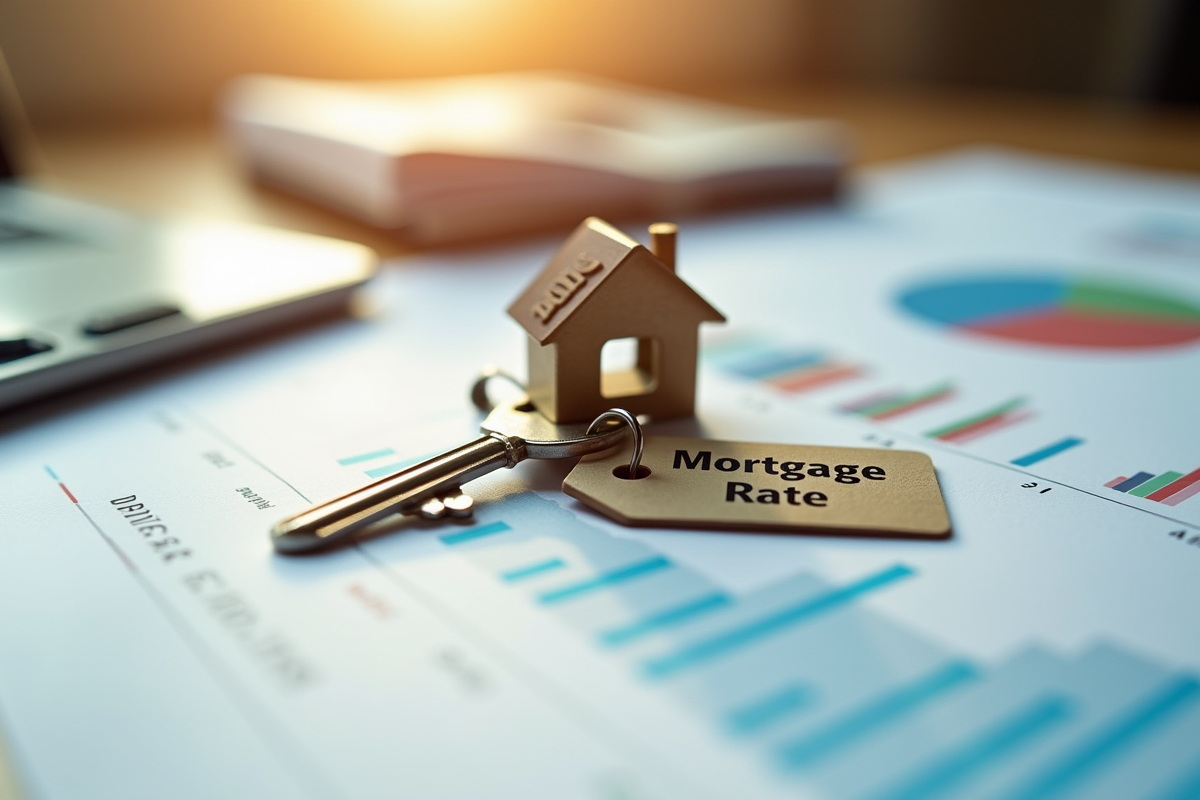 Clé de maison avec étiquette mortgage rate sur un rapport financier coloré