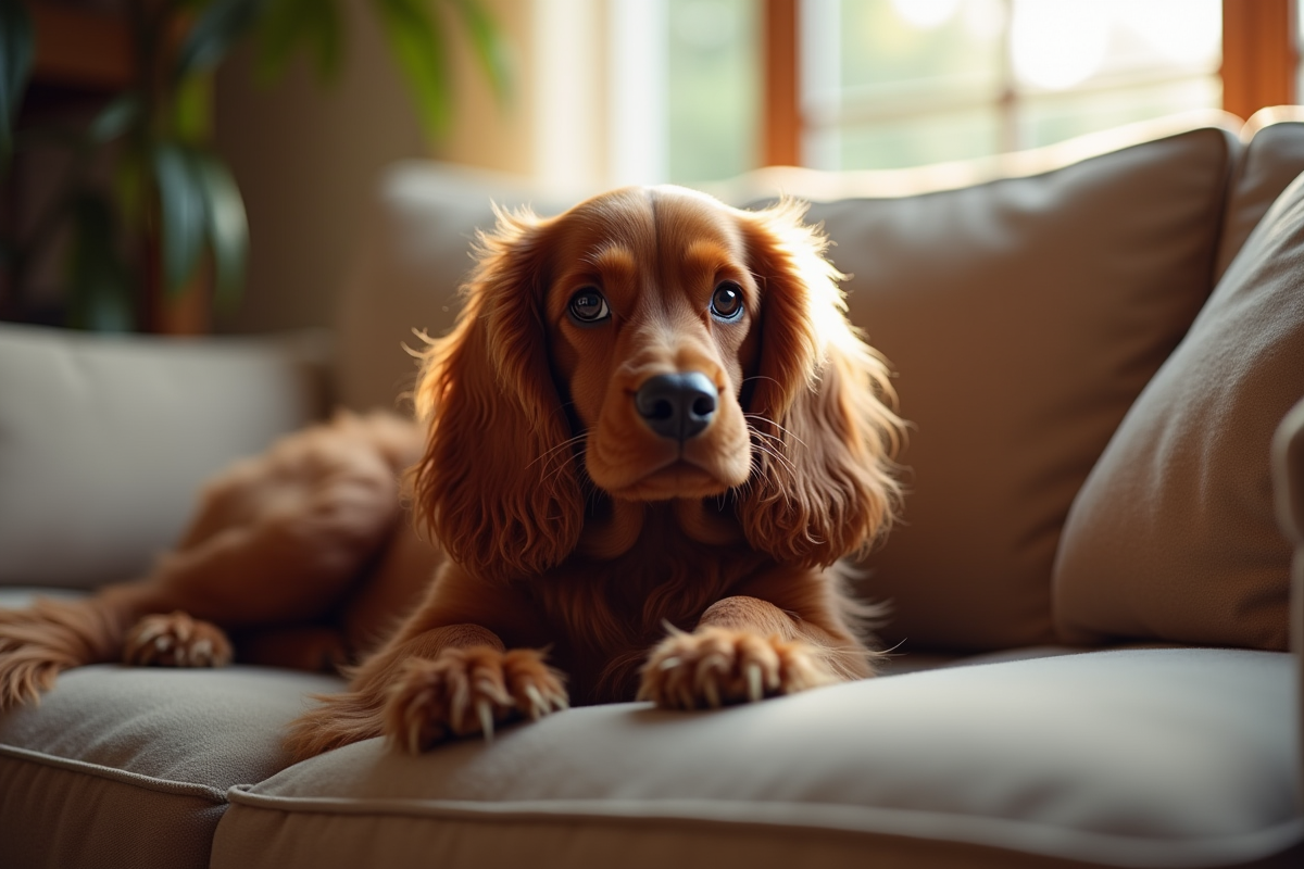 Cocker spaniel reposant sur un canapé dans un salon lumineux et cozy