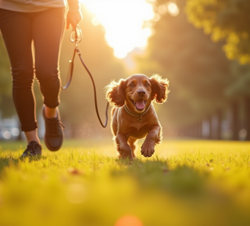 Cocker spaniel joyeux courant avec une femme dans un parc urbain ensoleille