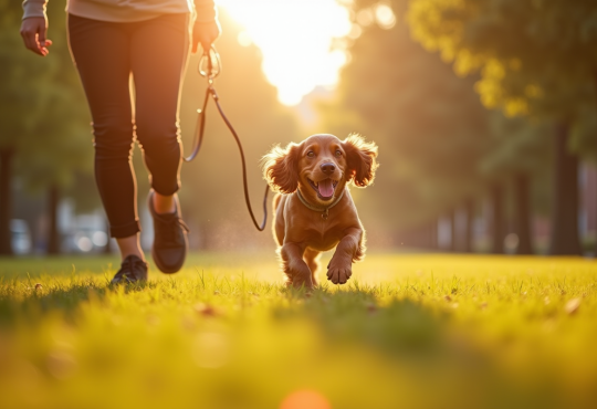 Cocker spaniel joyeux courant avec une femme dans un parc urbain ensoleille