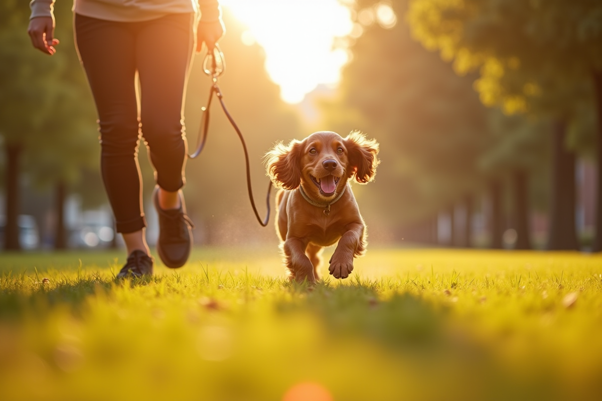 Cocker spaniel joyeux courant avec une femme dans un parc urbain ensoleille
