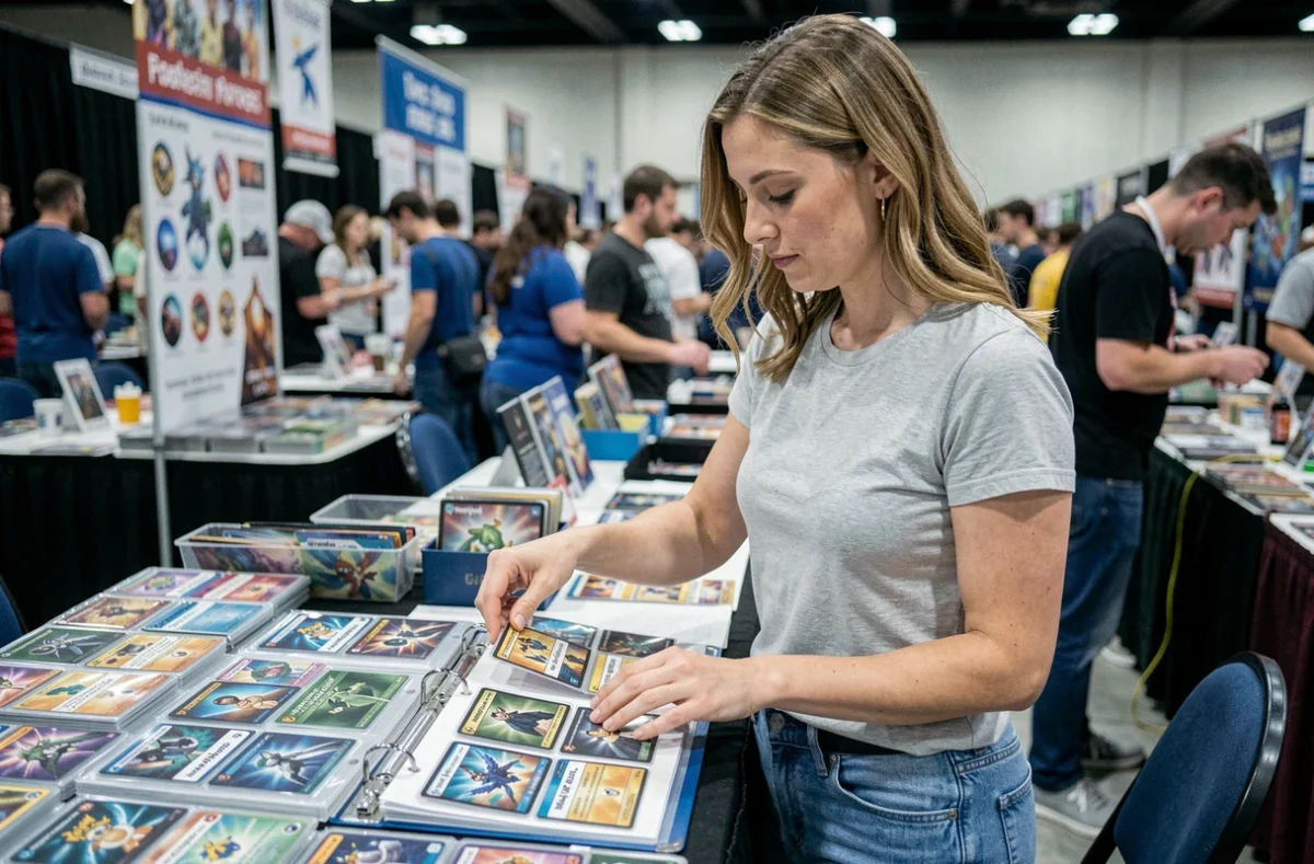 Collectionneuse adulte classant des cartes Pokémon dans un classeur lors d'une convention de jeux de cartes