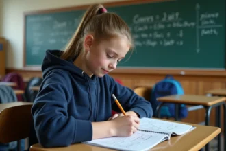 Collégienne qui travaille sur une fiche de conversion de millilitres en litres dans une salle de classe