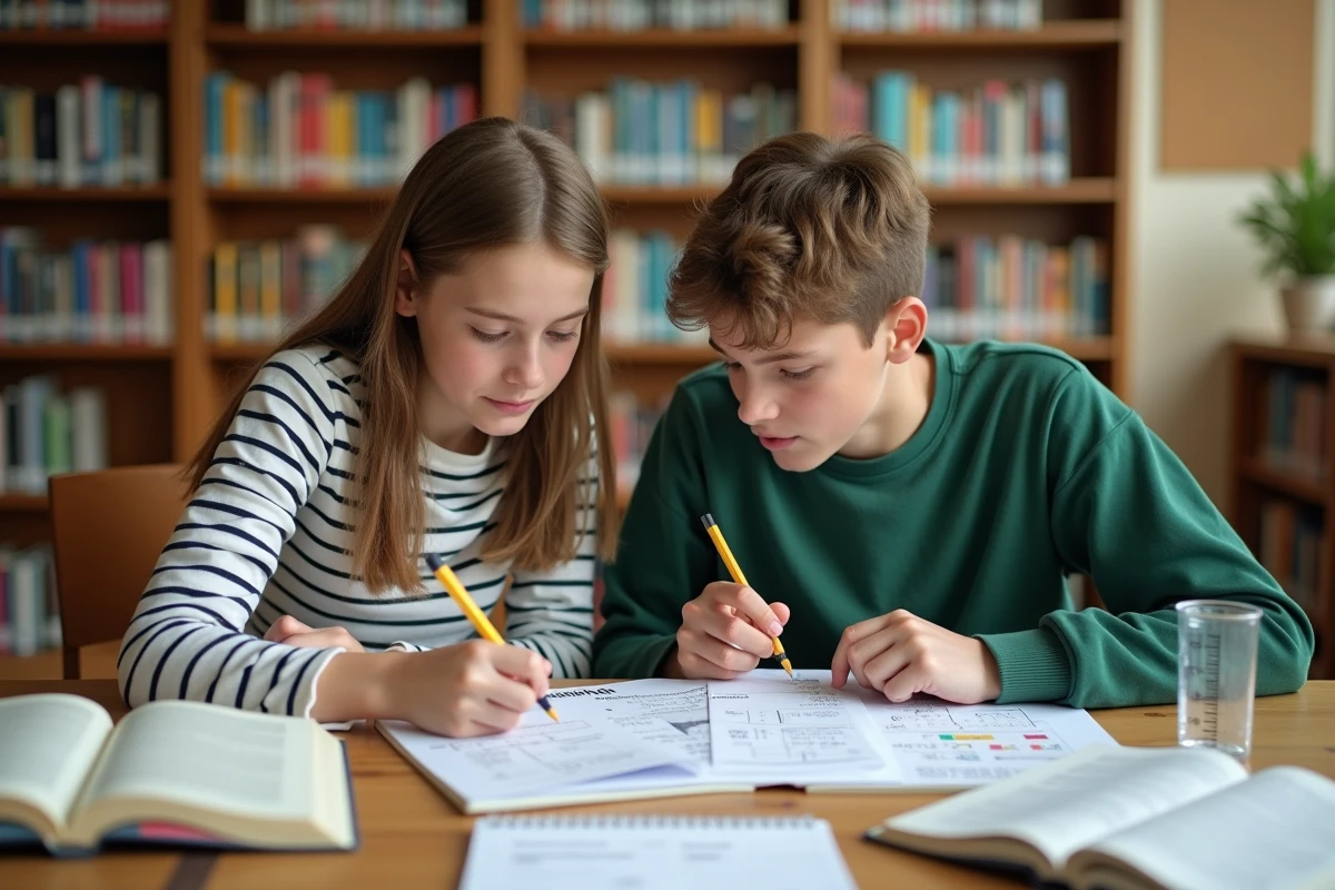 Deux collégiens qui étudient ensemble un guide de conversion d'unités de volume en millilitres à la bibliothèque