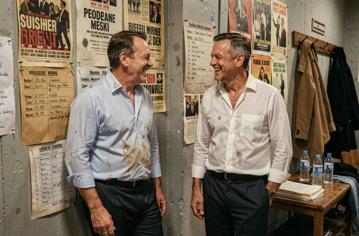 Deux comédiens qui rient dans les coulisses d'un théâtre, ambiance authentique avec affiches de spectacle