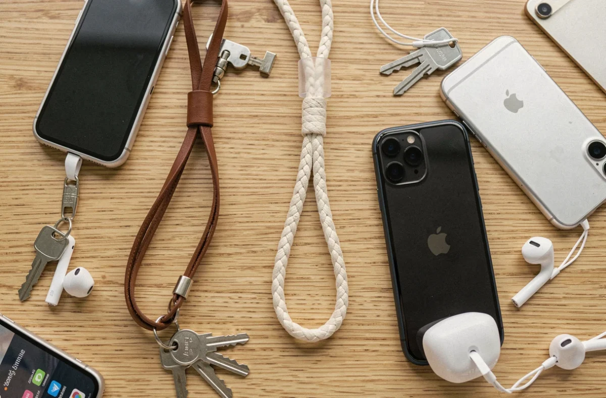 Comparaison de plusieurs modèles de cordons pour téléphone portable posés sur un bureau en bois clair