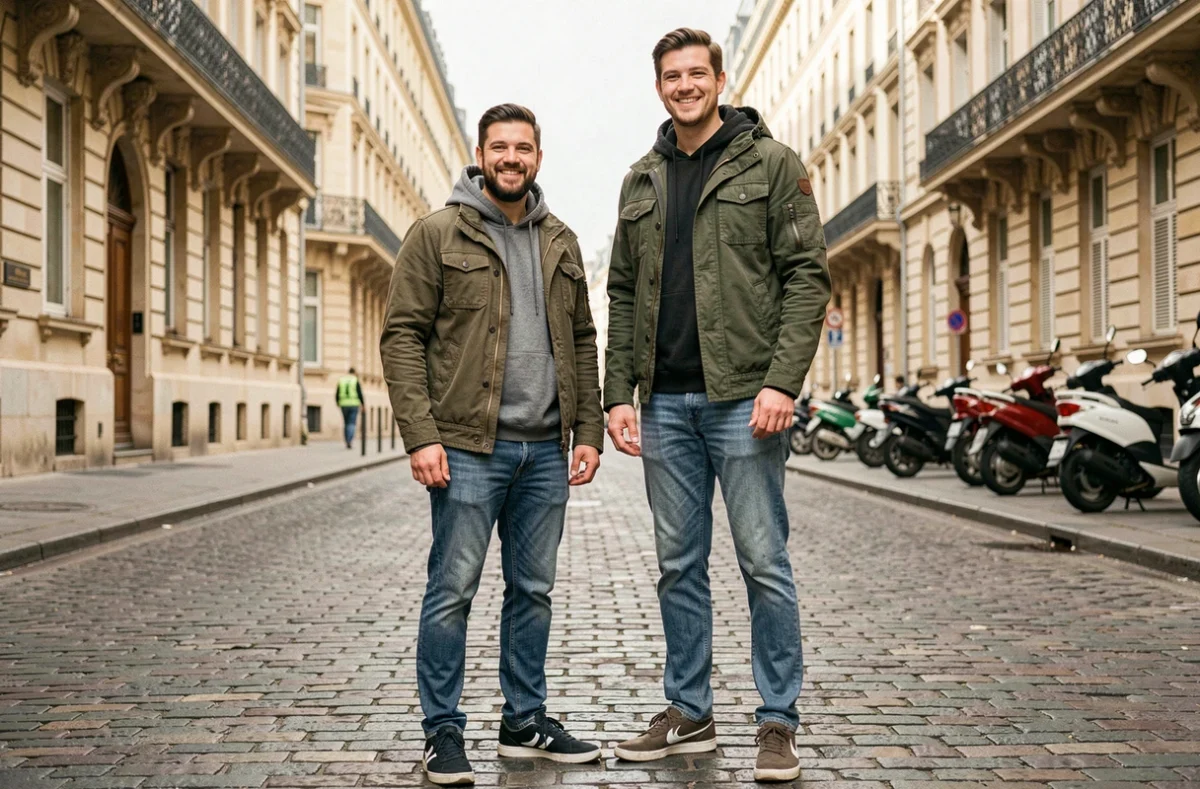 Comparaison de taille entre deux hommes adultes dans une rue parisienne typique