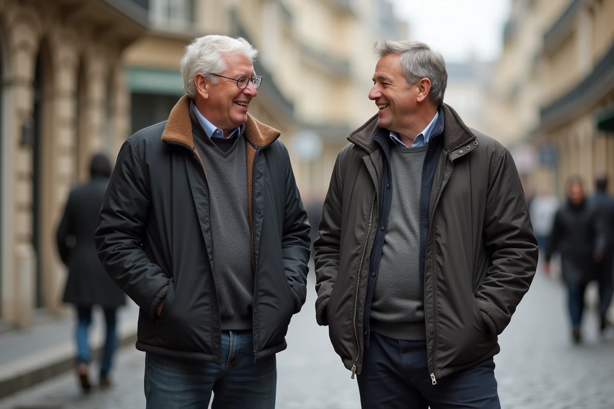 Deux hommes de tailles différentes discutant dans une rue parisienne, mettant en évidence la comparaison de grande taille entre deux personnes