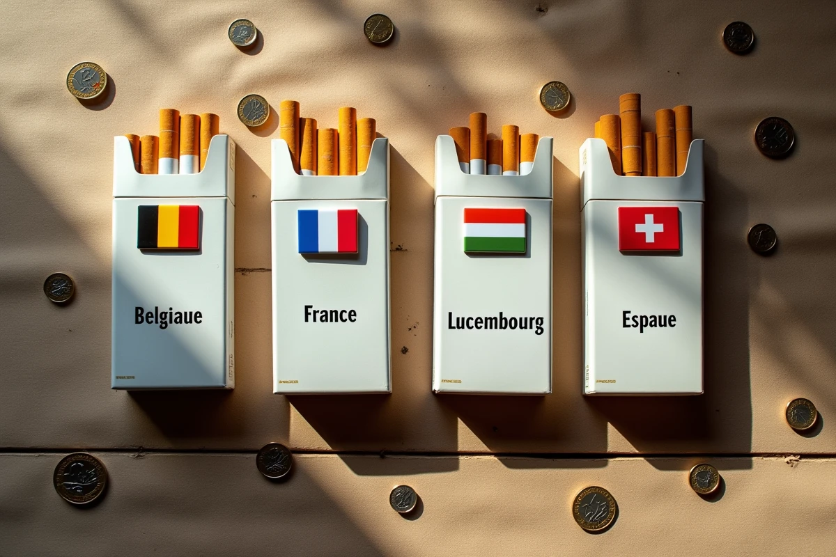 Comparatif de cartouches de cigarettes avec étiquettes de prix de Belgique, France, Luxembourg et Espagne posées sur une table en bois