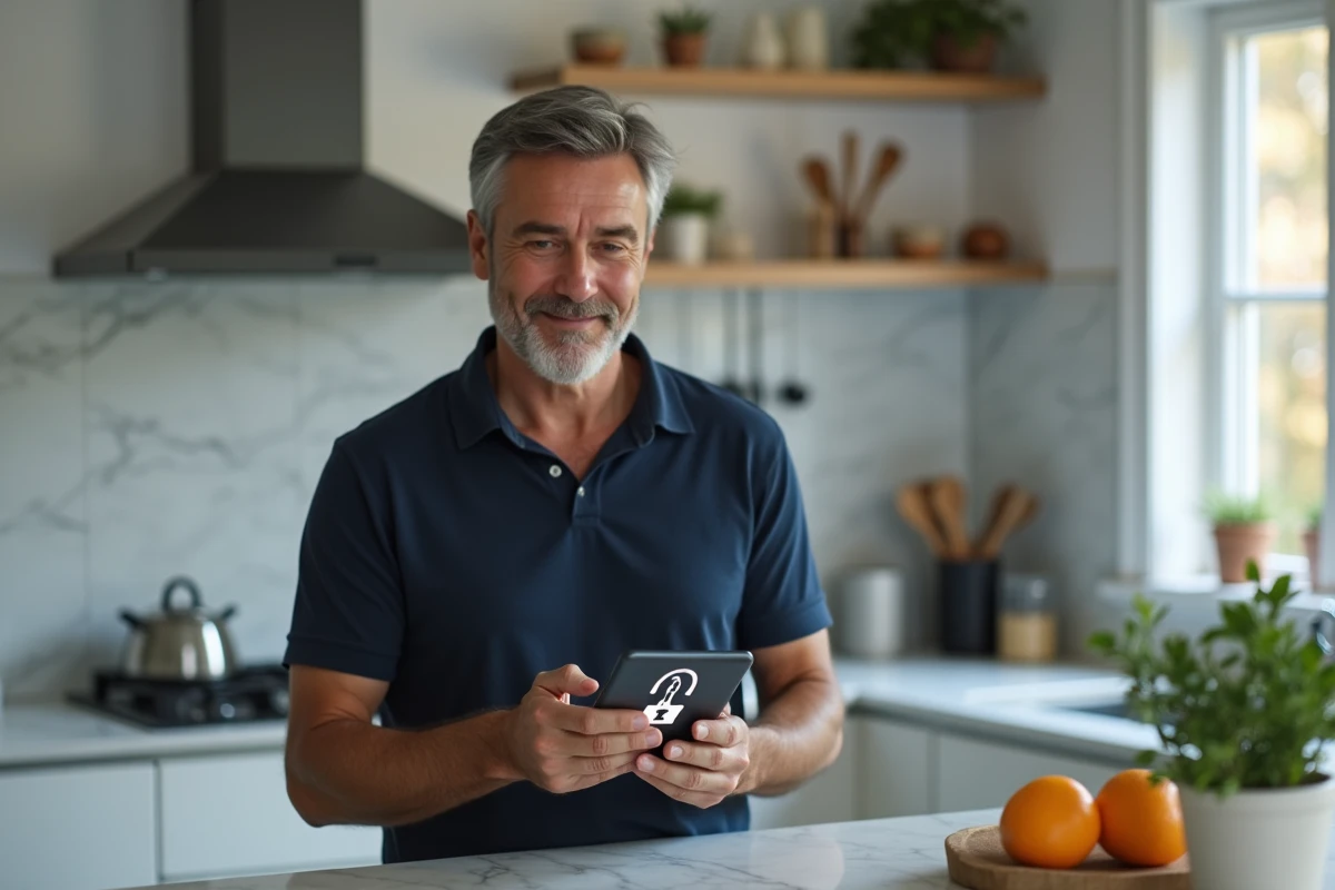 Homme vérifiant la confirmation d'un achat sécurisé sur smartphone dans une cuisine moderne