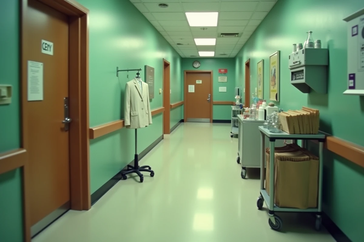 Couloir d'hôpital vintage des années 1970 avec chariot médical et dossiers, illustrant le contexte médical secret entourant la maladie du Shah d'Iran