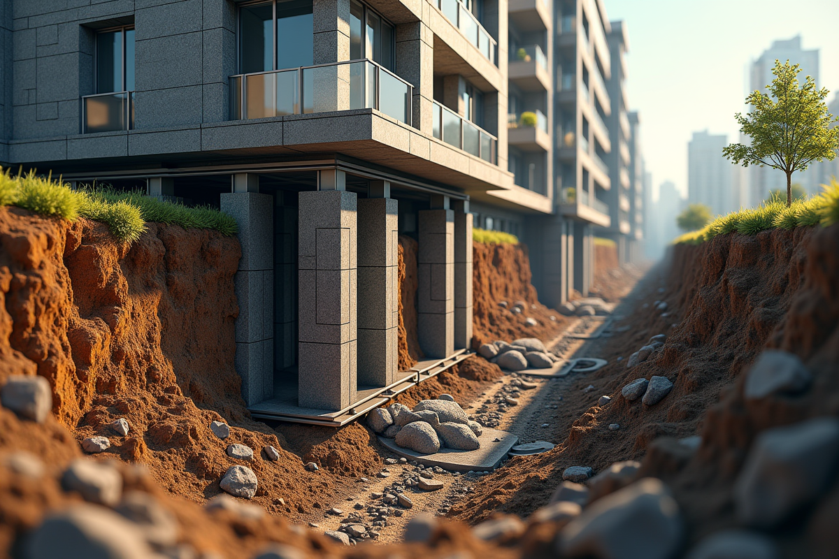 Coupe sous une rue urbaine montrant fondation avec pieux en acier et renforcement du sol