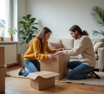 Jeune couple assemble un meuble dans un appartement lumineux