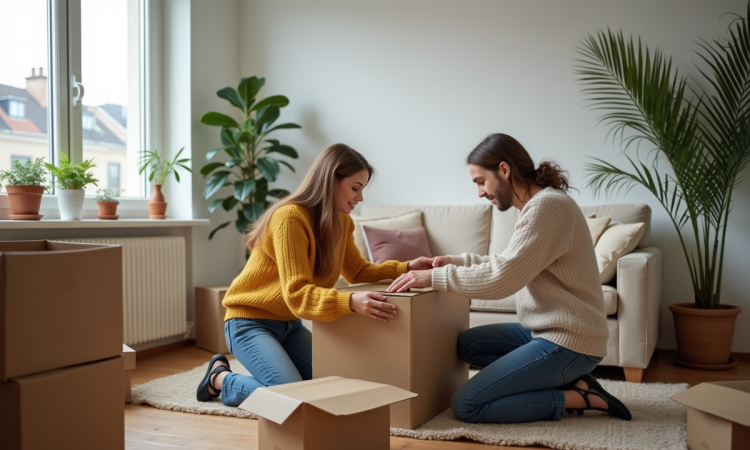 Jeune couple assemble un meuble dans un appartement lumineux