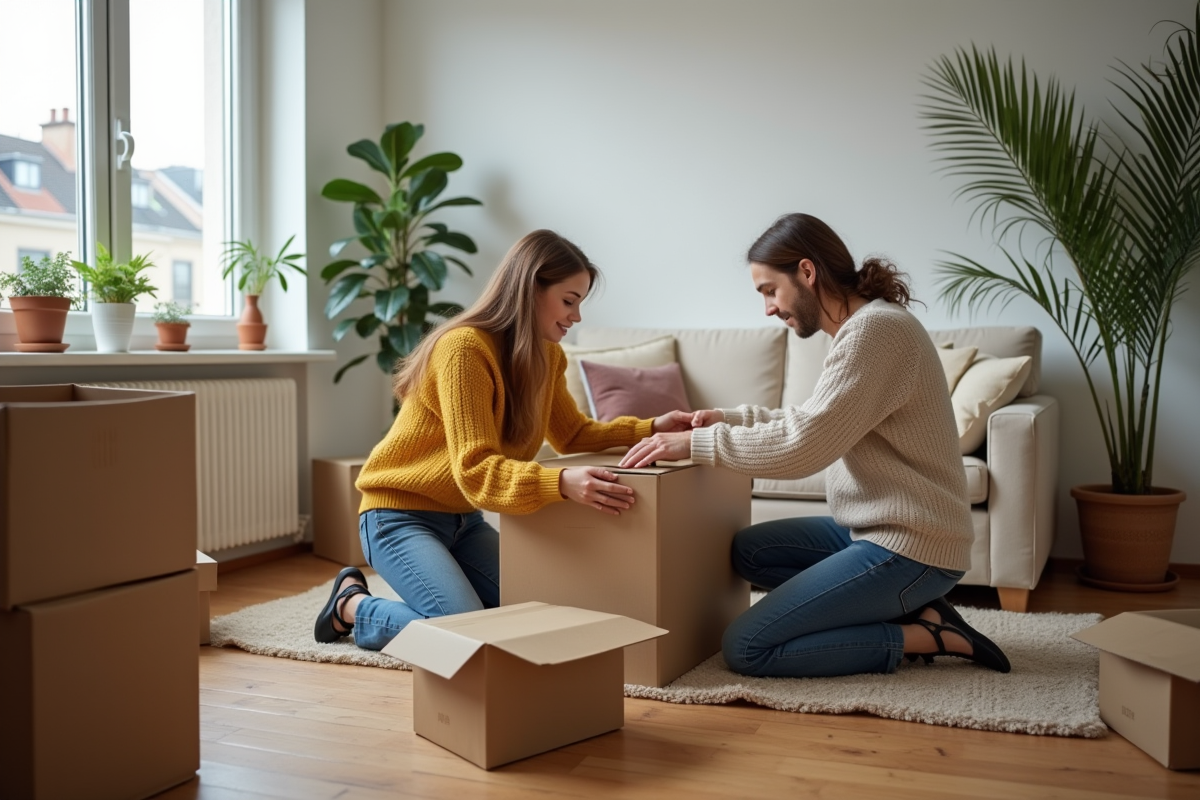 Jeune couple assemble un meuble dans un appartement lumineux