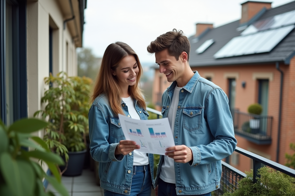 Jeune couple regardant un rapport énergétique sur un balcon